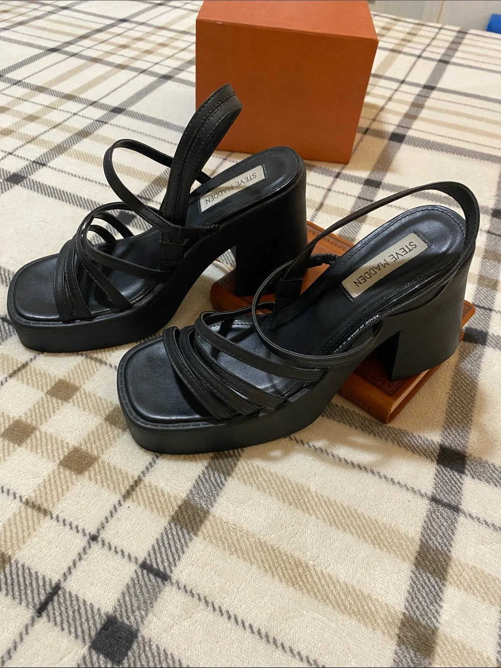 Steve Madden Black Strappy Platform Block Heel Mules